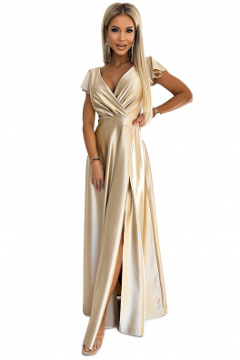 Dámské saténové dlouhé šaty s výstřihem Numoco CRYSTAL - zlaté