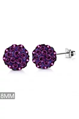 Náušnice z oceli pecky -shamballa tmavě fialové 8mm