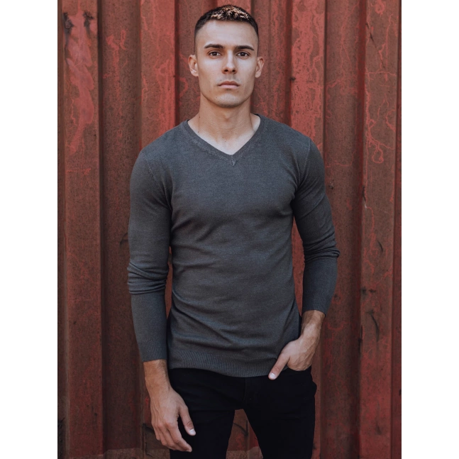 Pánský svetr s výstřihem do V tmavě šedý Dstreet WX2219 Pánský svetr s výstřihem do V tmavě šedý Dstreet WX2219