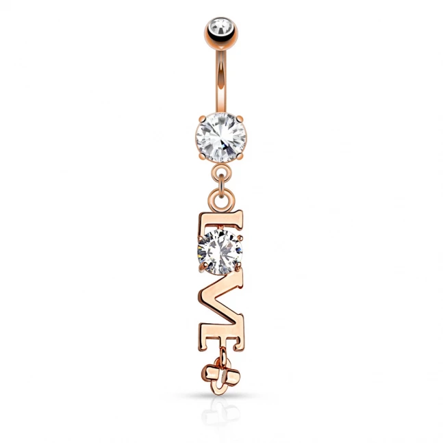 Pravým 14kt růžovým zlatem, zlacený piercing do pupíku z chirurgické oceli - love