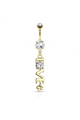 Pravým 14kt zlatem, zlacený piercing do pupíku z chirurgické oceli - love