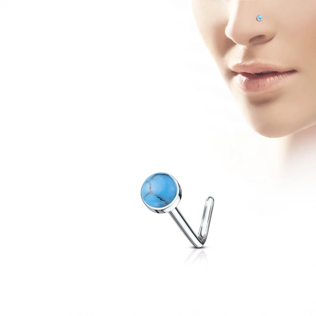 Zahnutý piercing do nosu s polodrahokamy - turquoise