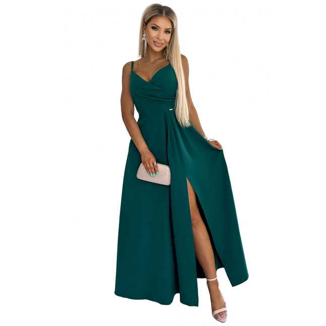 Elegantní maxi šaty na ramínka Numoco CHIARA - zelené