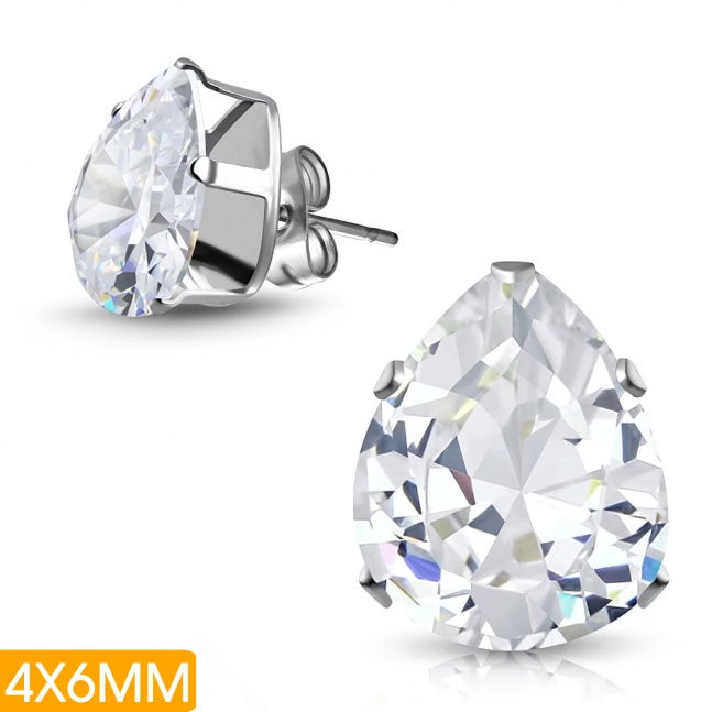 Ocelové náušnice kapky s čirým zirkonem - 4x6mm